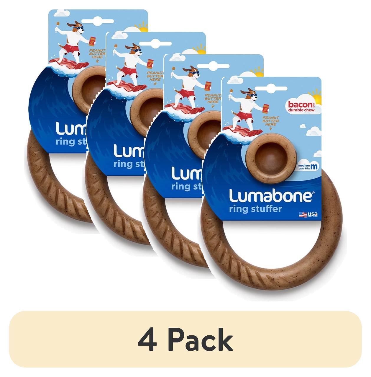 (4 pack) Lumabone Real Bacon Durable Ring-Stuffer Dog Chew Toy, Medium