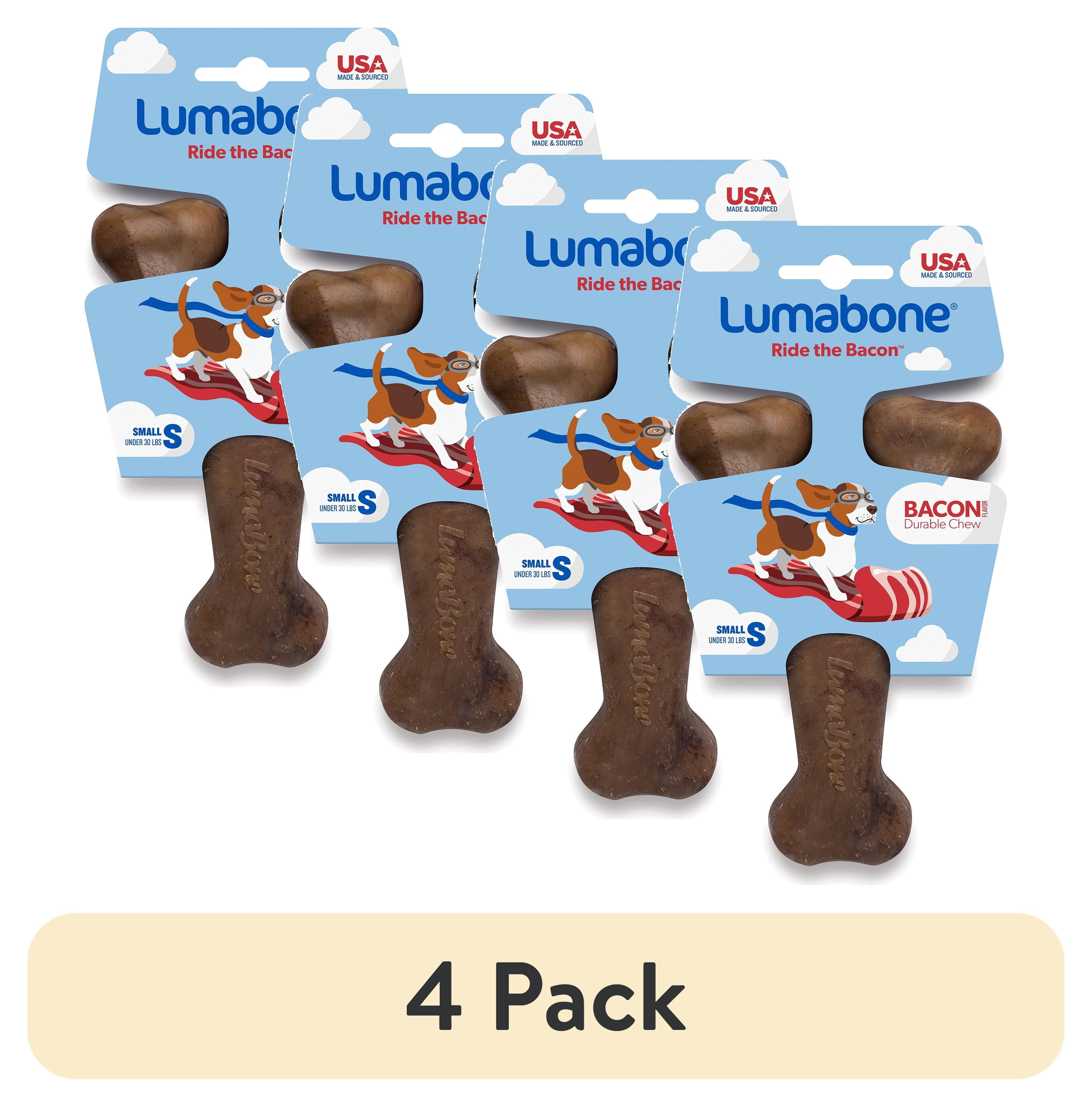 (4 pack) Lumabone Real Bacon Durable Wishbone Dog Chew Toy, Small