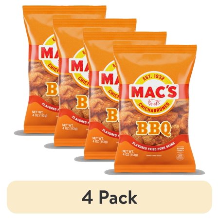 (4 pack) Mac's Bar-B-Q Fried Pork Skins, 4 oz Bag