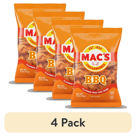 (4 pack) Mac's BBQ Chicharrones Pork Rinds, Pork Skins, 4 oz Bag