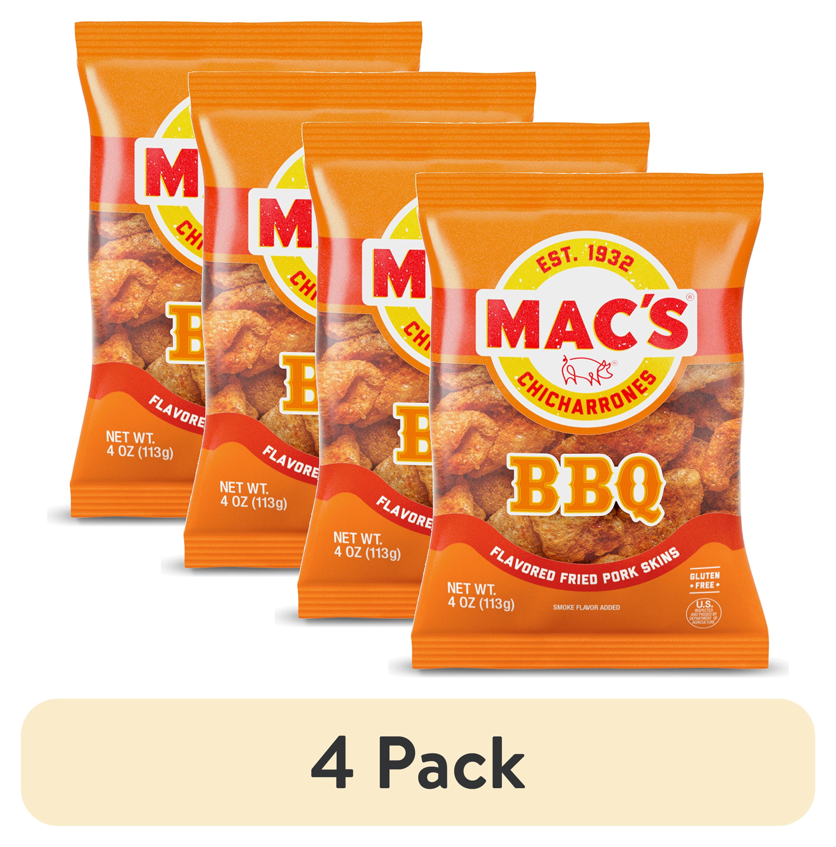 (4 pack) Mac's BBQ Chicharrones Pork Rinds, Pork Skins, 4 oz Bag