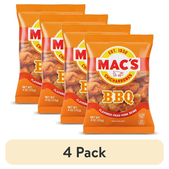(4 pack) Mac's BBQ Chicharrones Pork Rinds, Pork Skins, 4 oz Bag