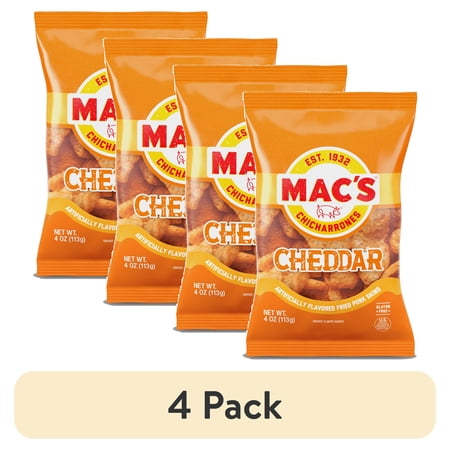 (4 pack) Mac's Chicharrones Cheddar Flavored Pork Rinds, Pork Skins, 4 oz Bag