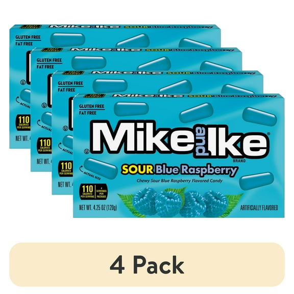 (4 pack) MIKE AND IKE Sour Blue Raspberry flavored Chewy Candy