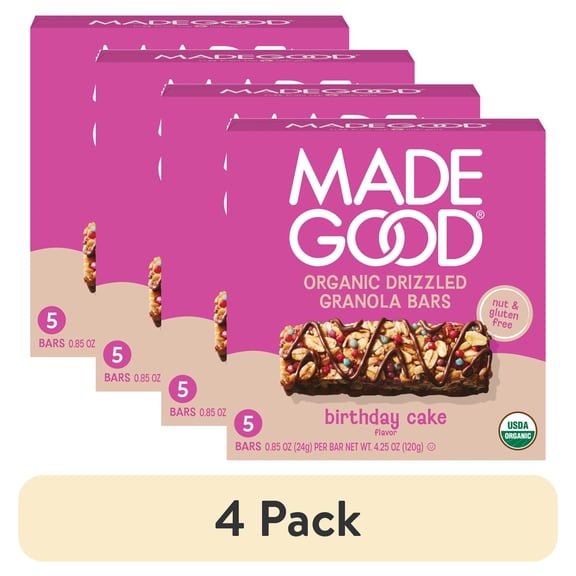 (4 pack) MadeGood Chocolate Drizzle Birthday Cake Granola Bars, 5 Healthy Snack Bars, 0.78 oz