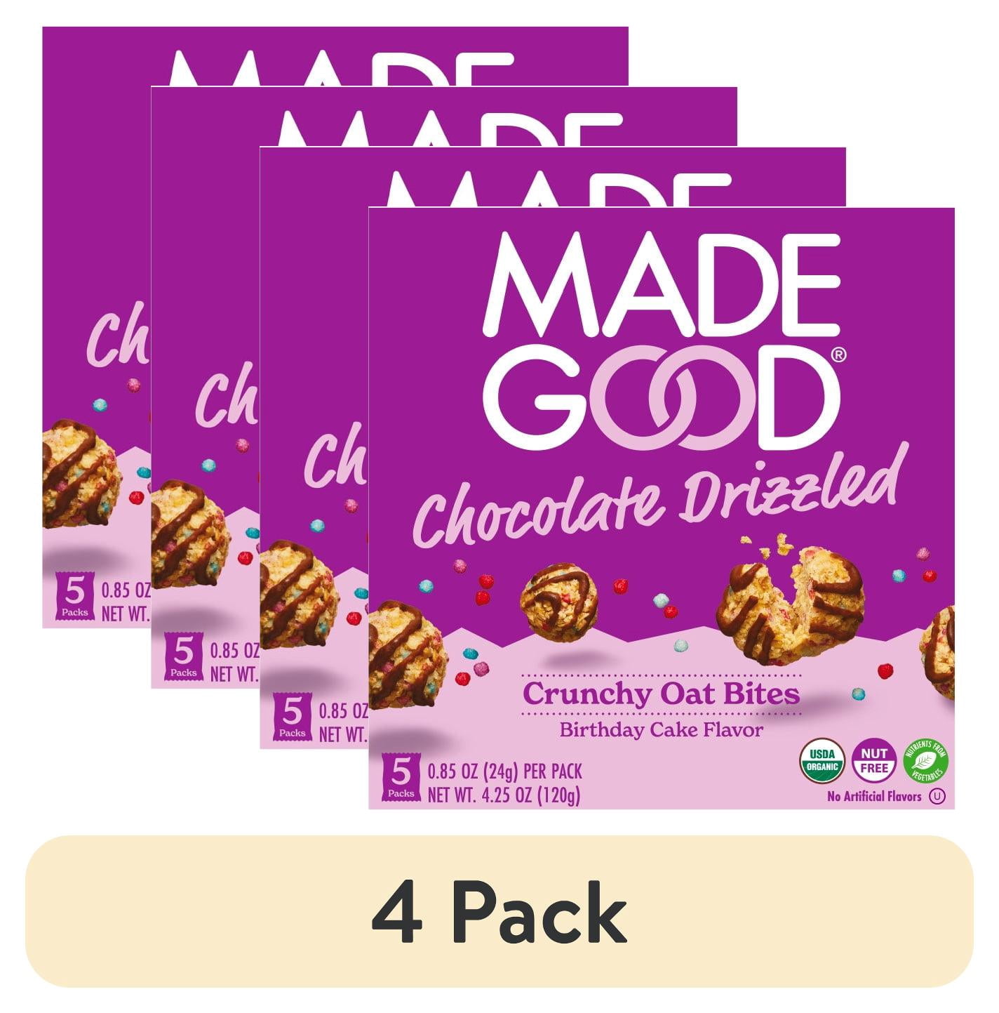 (4 pack) MadeGood Chocolate Drizzled Birthday Cake Oat Bites, 0.85 oz, 5 Count
