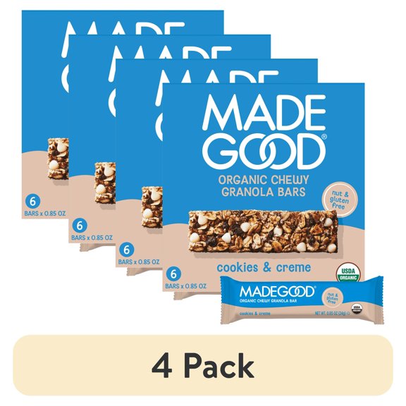 (4 pack) MadeGood Cookies & Crème Granola Bars, 6 Healthy Snack Bars, 0.85 oz Each