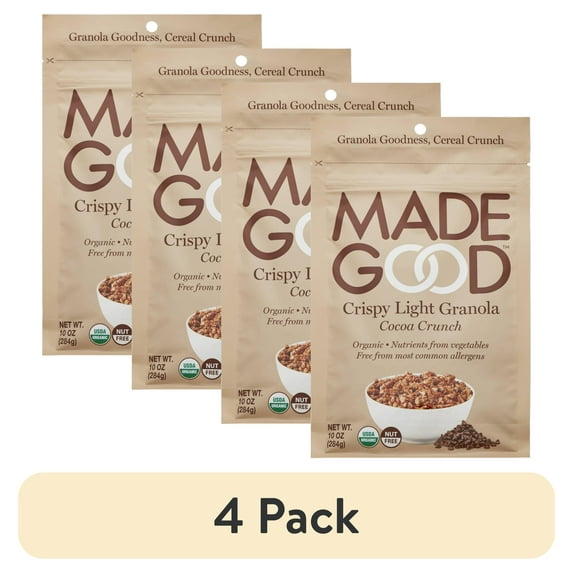 (4 pack) MadeGood, Granola, Gluten Free, Vegan, Cocoa Crunch Crispy Light Granola, 10 oz Pouch