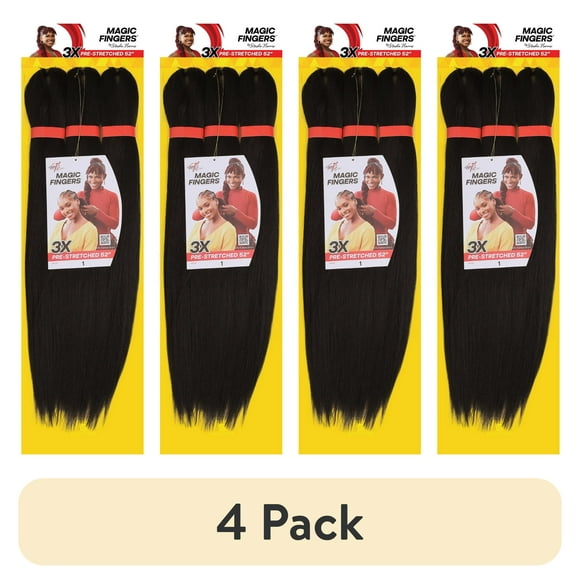 (4 pack) Magic Fingers 3X Pack Pre-Stretched Braiding Hair, 52", #1, Female, Adult