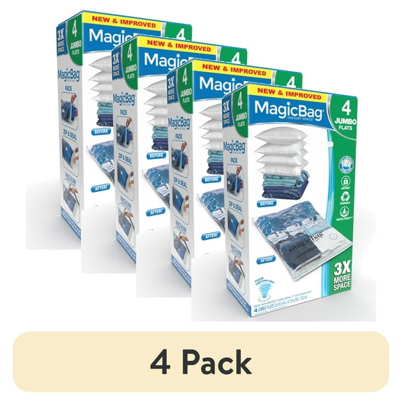 (4 pack) MagicBag Vacuum Sealed Closet Organizers, Clear, Set of 4, Flat Jumbo