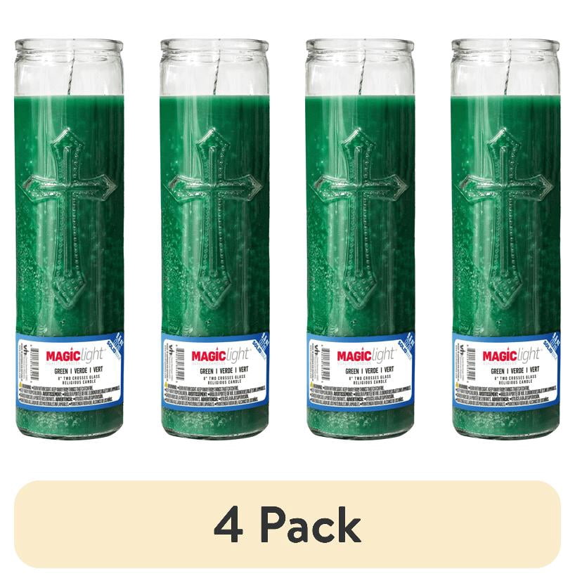 (4 pack) MagicLight Religious Candles 9.6 oz - Glass Jar, Unscented, Two Cross Green