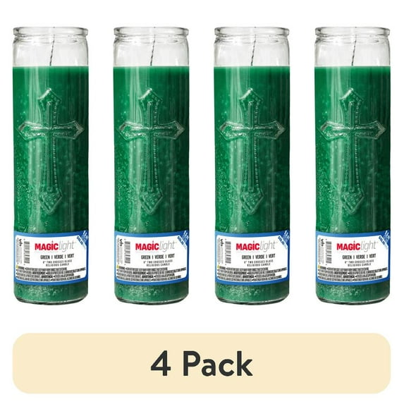 (4 pack) MagicLight Religious Candles 9.6 oz - Glass Jar, Unscented, Two Cross Green