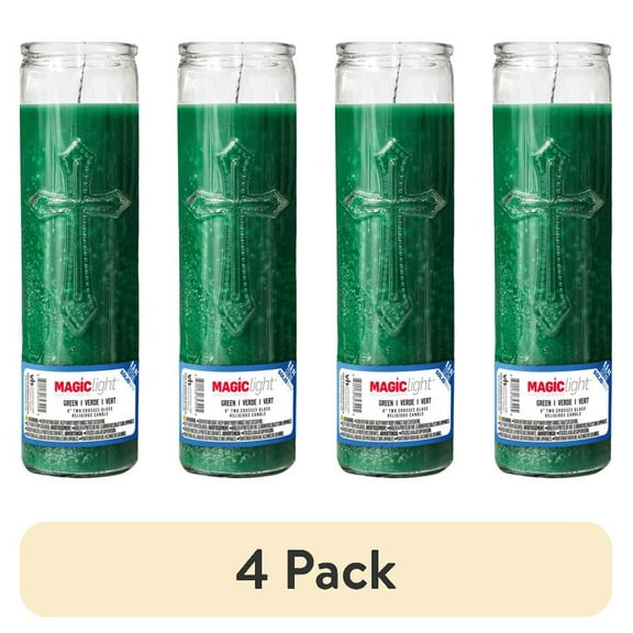 (4 pack) MagicLight Religious Candles 9.6 oz - Glass Jar, Unscented, Two Cross Green