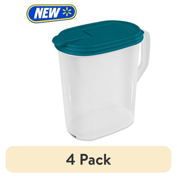 (4 pack) Mainstays 1 Gallon Oval Pitcher, Freezer- and Dishwasher-Safe, Durable Food-Safe Plastic, BPA-Free, Teal Lid