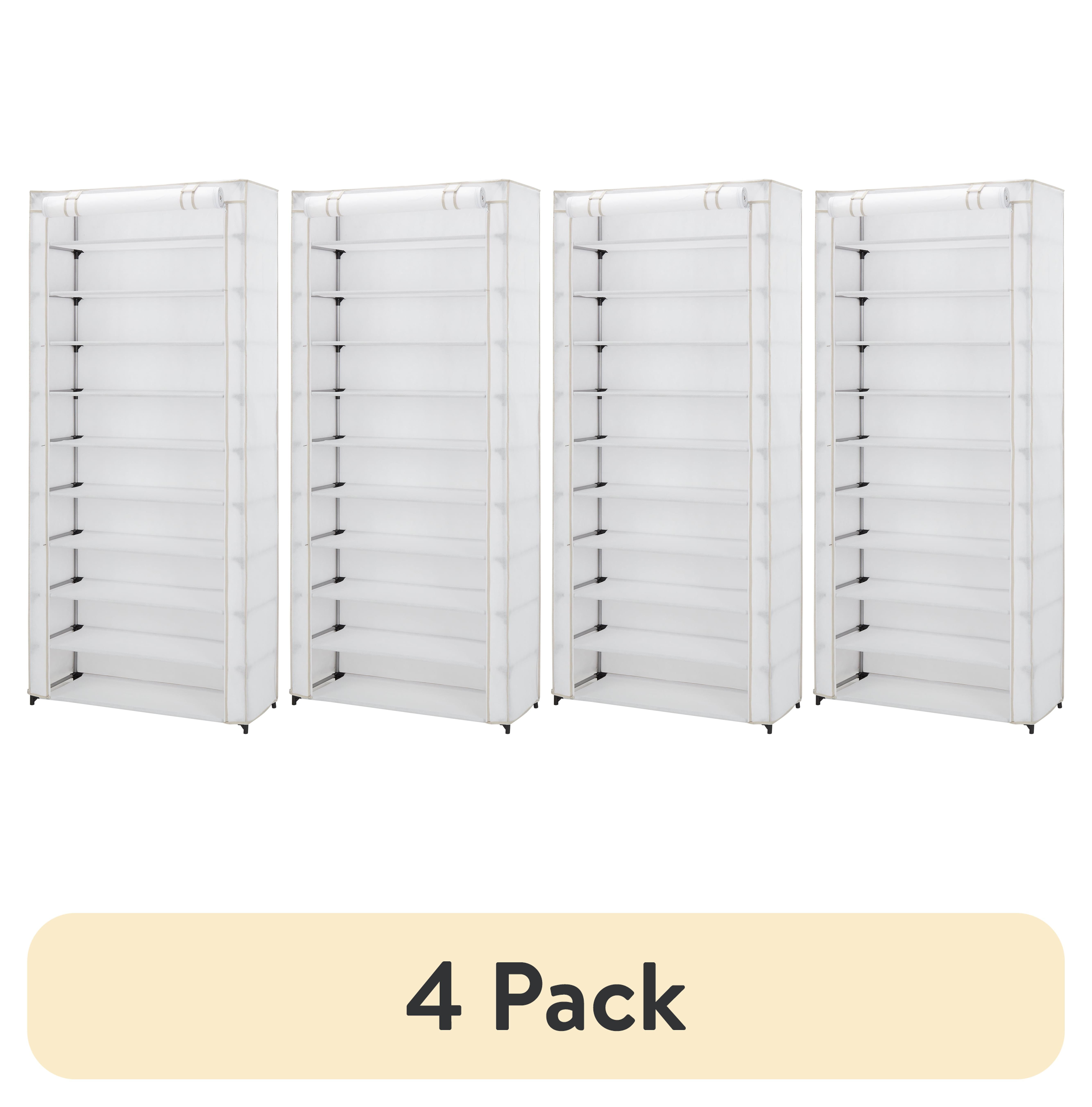 (4 pack) Mainstays 10 Shelf Organizer Shoe Rack with Cover to Hold 30 Pair Shoes, 31.5 in W x 13.46 in D x 69.09 in H, White