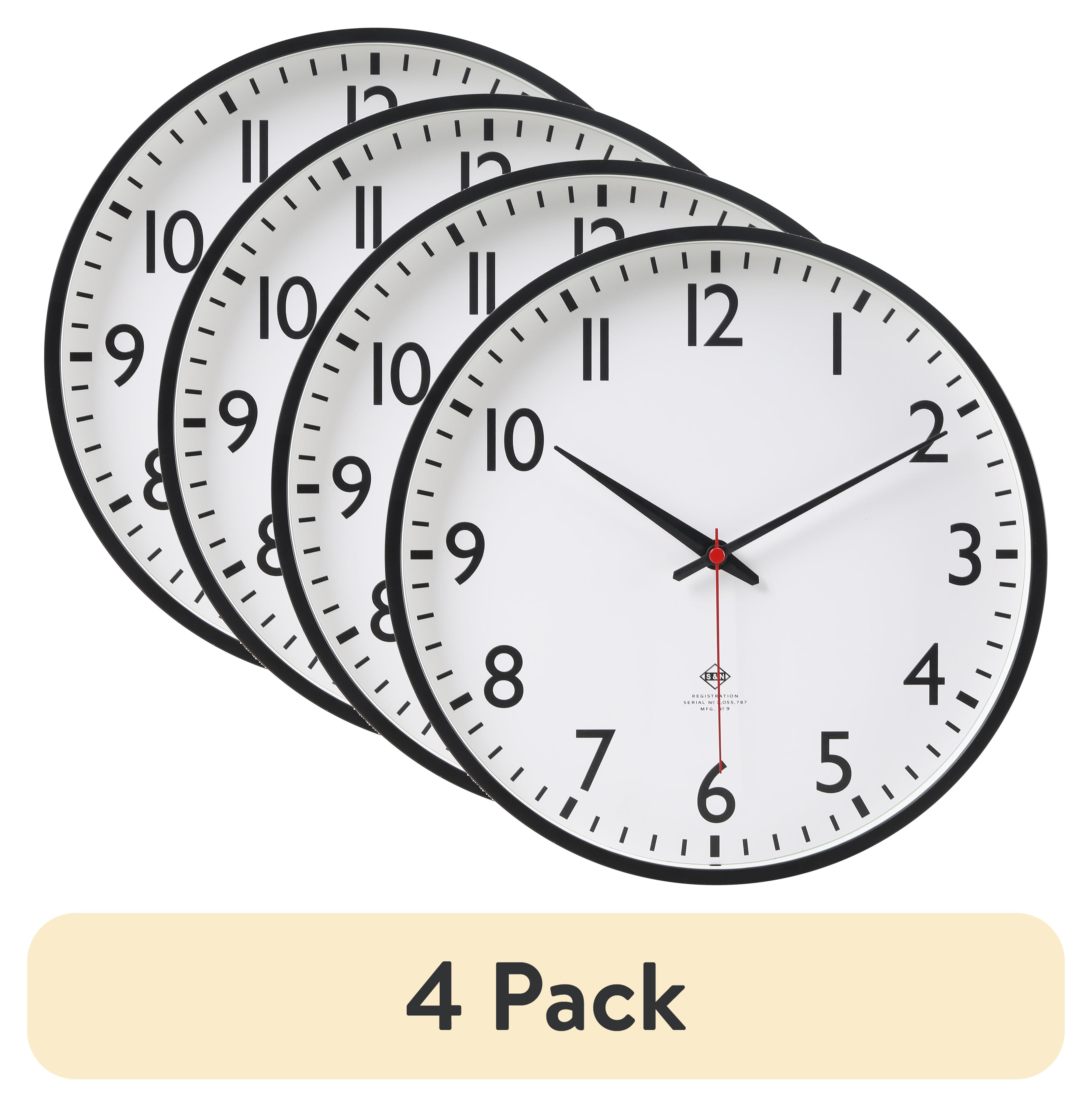 (4 pack) Mainstays 11.5” Quartz Black & White Schoolhouse Wall Clock with Red Second Hand