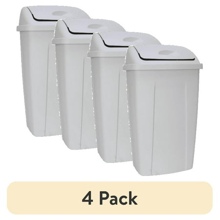 (4 pack) Mainstays Kitchen Trash Can, 13 Gallon, Plastic Swing Top Garbage Bin, Gray