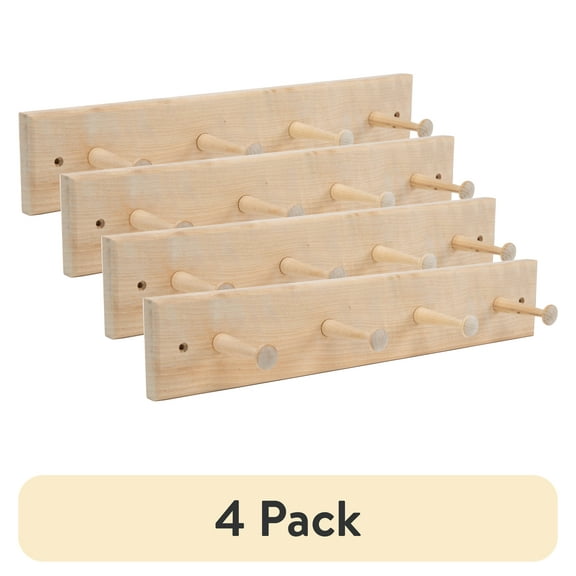 (4 pack) Mainstays 18 in. Wall Mounted Unfinished Wood Hook Rack, 4 Pegs