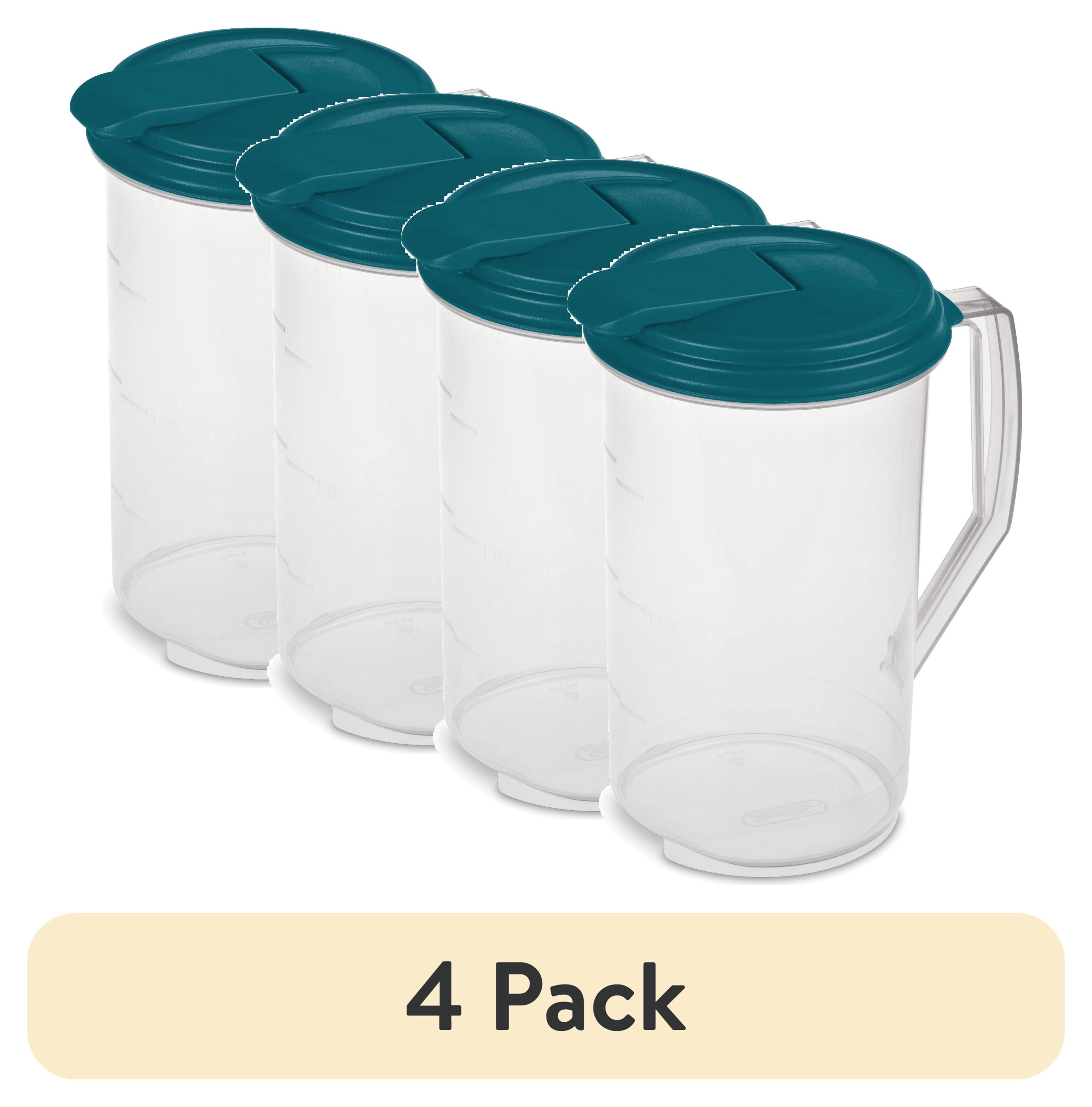(4 pack) Mainstays 2 Quart Round Pitcher, Clear Plastic with Flip-top Spout, Handle and Measure Marks, BPA-Free, Teal Lid