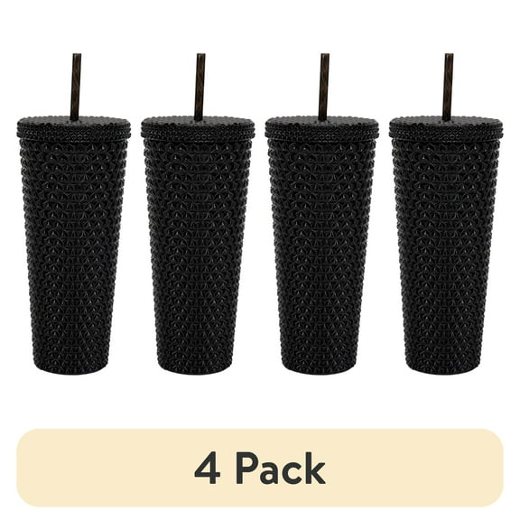 (4 pack) Mainstays 26-Ounce Capacity Plastic Double Wall Insulated Iridescent Textured Tumbler with Straw, Black
