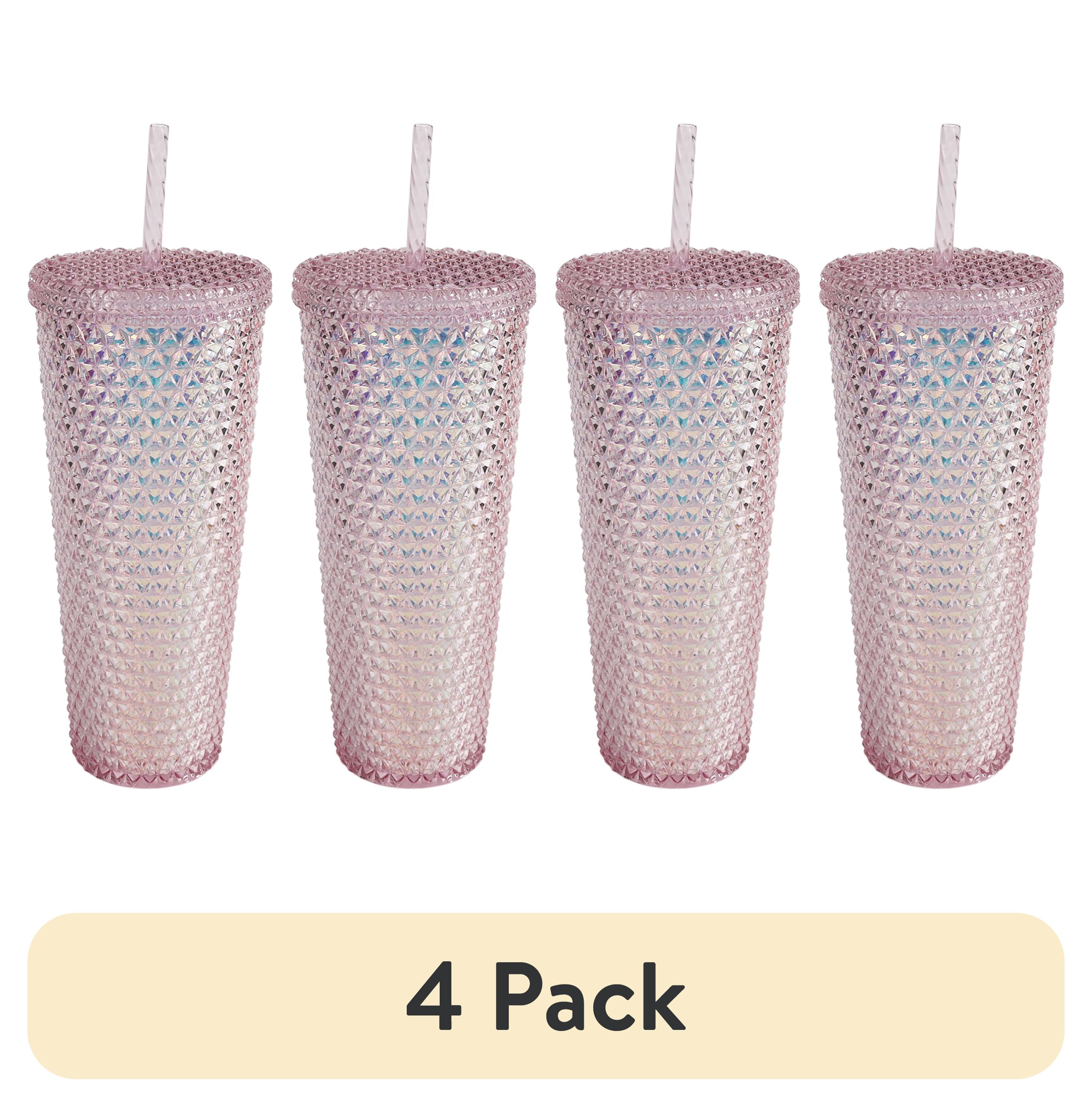 (4 pack) Mainstays 26-Ounce Capacity Plastic Double Wall Insulated Iridescent Textured Tumbler, Pink