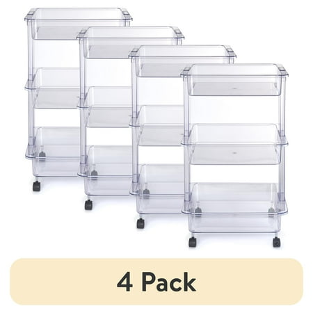 (4 pack) Mainstays 3 Tier Plastic Clear Laundry Storage Cart, Adult