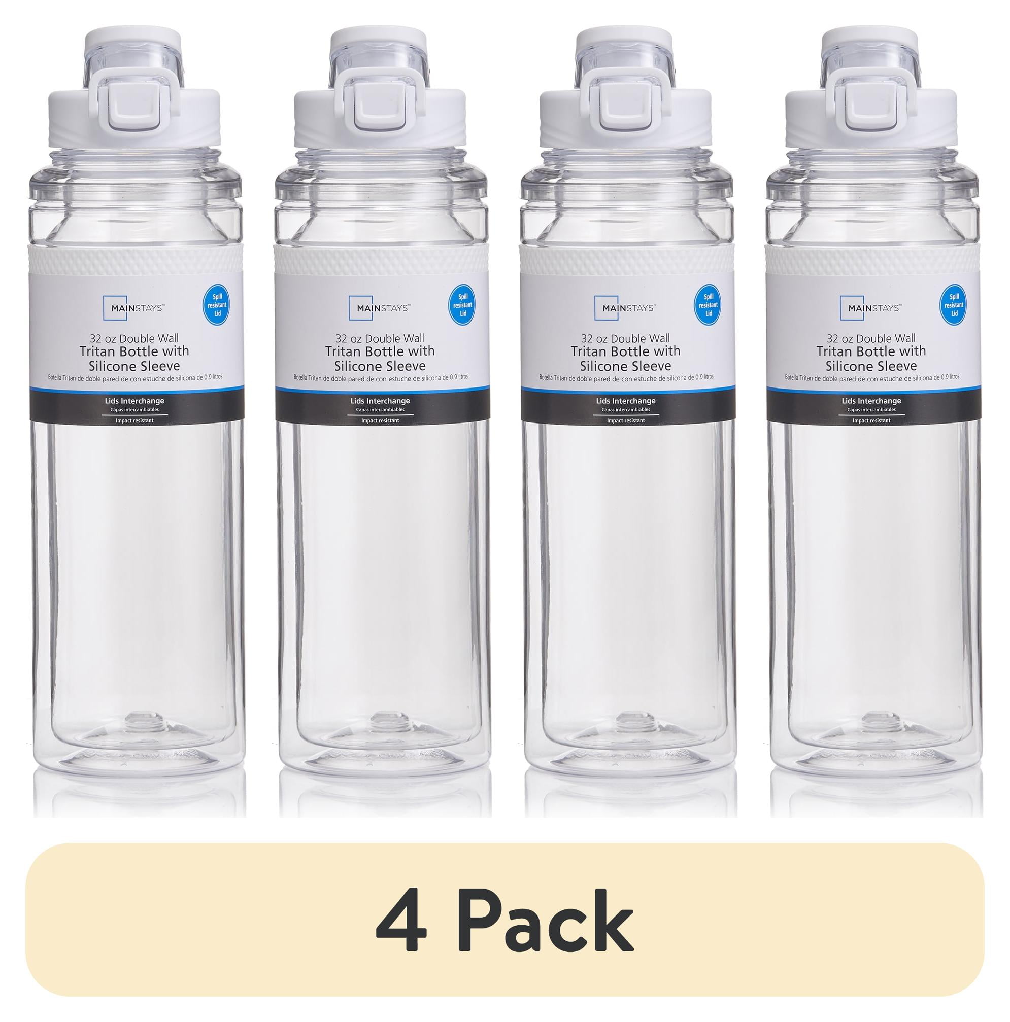 (4 pack) Mainstays 32 fl oz Arctic White and Clear Solid Print Plastic Water Bottle with Wide Mouth Lid