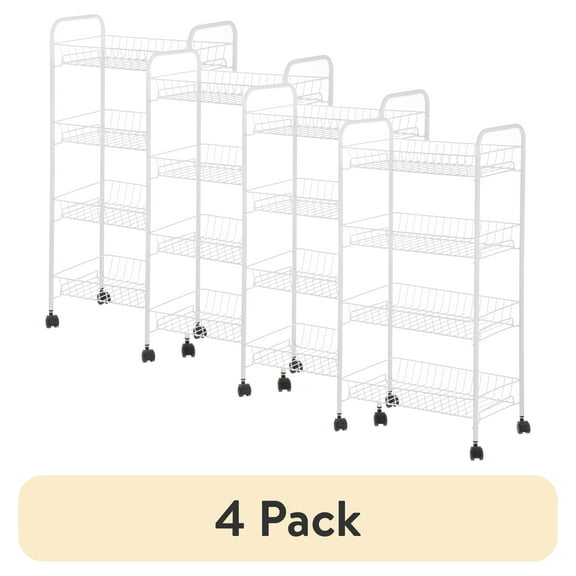 (4 pack) Mainstays 4-Shelf Steel Laundry Cart with Caster Wheels, White, Adult, Senior and Teen Age Groups