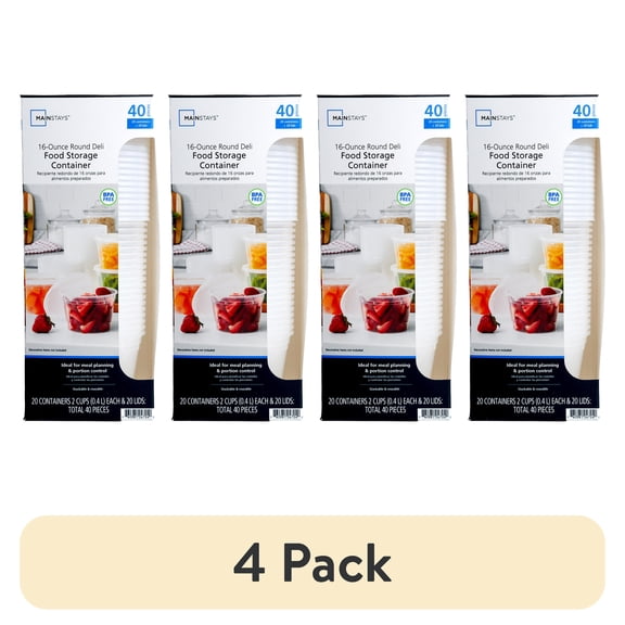 (4 pack) Mainstays 40 Piece 16oz Plastic Deli Container, Ideal Use for Meal Prep and Batch Cooking