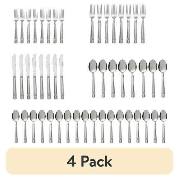 (4 pack) Mainstays 49 Piece Elena Adult Stainless Steel Flatware and Organizer Tray Value Set Silver, Service for 8
