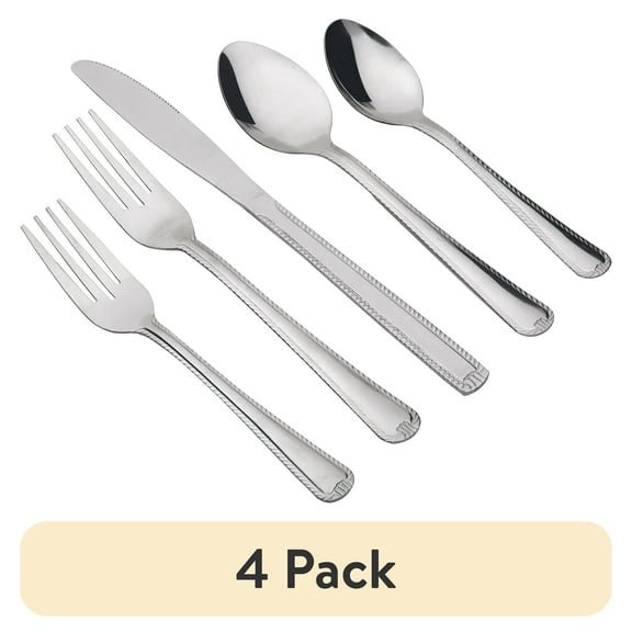 (4 pack) Mainstays 49 Piece Lace Stainless Steel Silver Flatware Value Set with Tray Organizer, Service for 8 3.11 lb