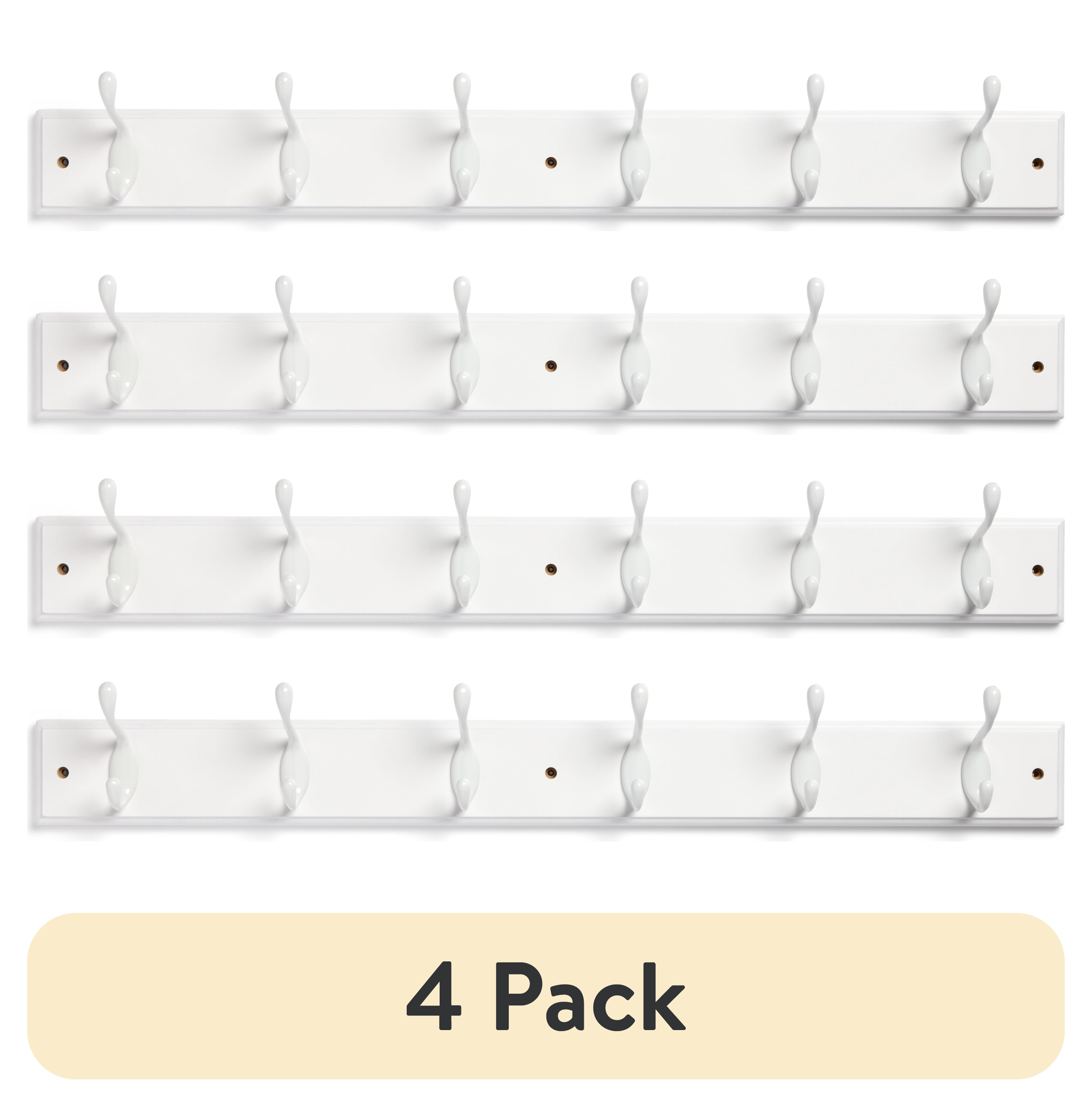 (4 pack) Mainstays 6 Hook 27 inch Hook Board for Coats, Bags, Leashes, Keys, Towels, 45 lbs Capacity, White, 1 Pc