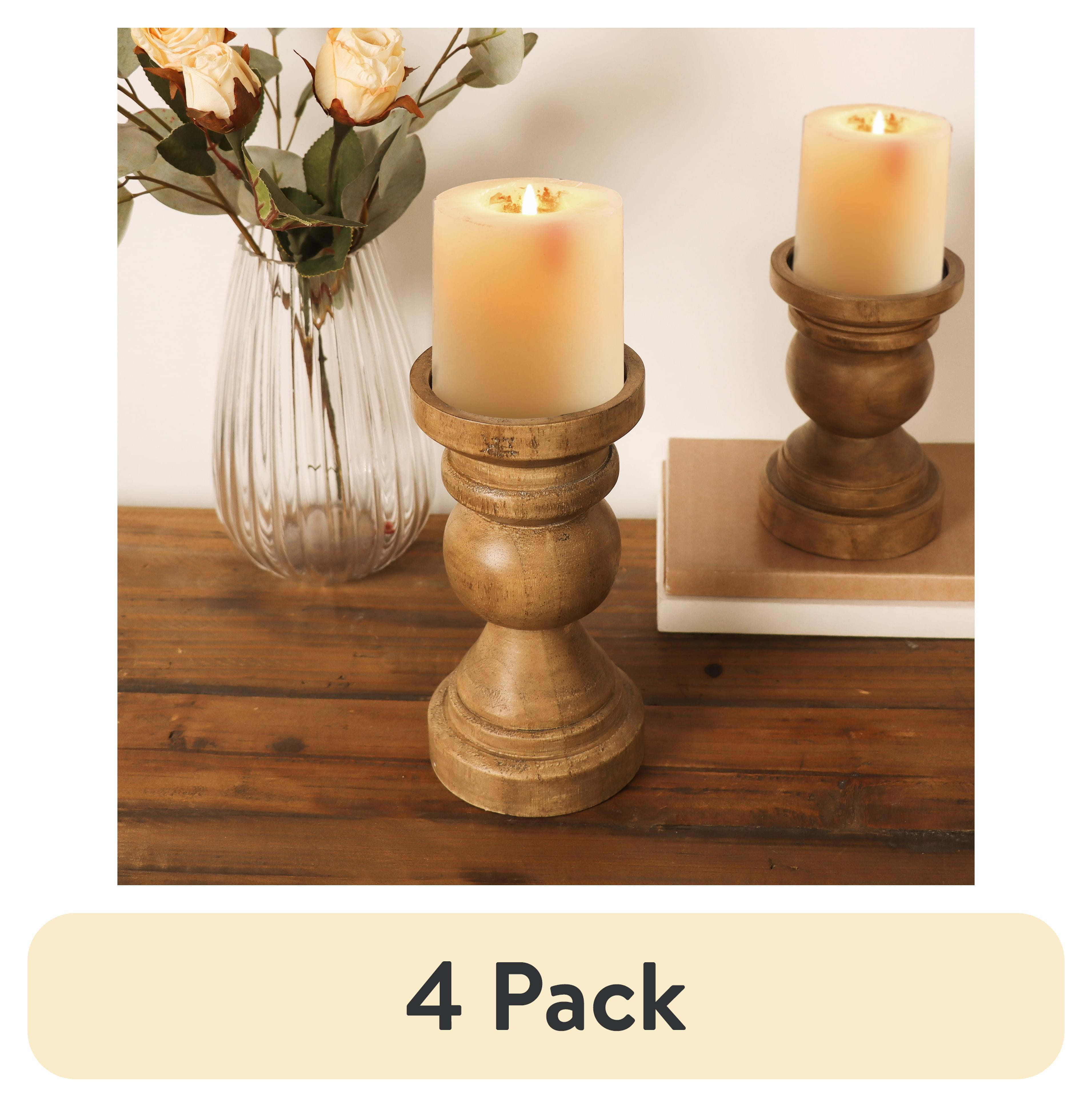 (4 pack) Mainstays Decorative Wood Pillar Candleholder, Teak, 7.8"