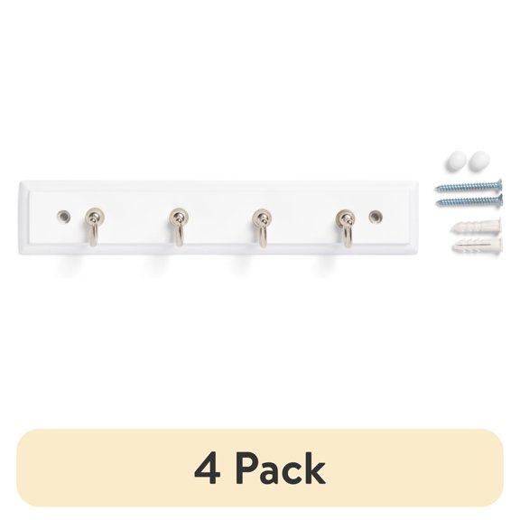 (4 pack) Mainstays White 8.75 inch Key Rail with 4 Satin Nickel Hooks for Keys, Mail, Leashes, 2 lbs Capacity, 1 Pack