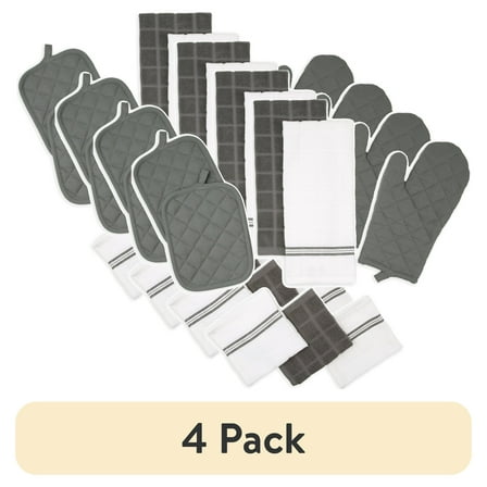 (4 pack) Mainstays 8-Piece Cotton Kitchen Towel, Dishcloth, Oven Mitt, and Pot Holder Set, Gray