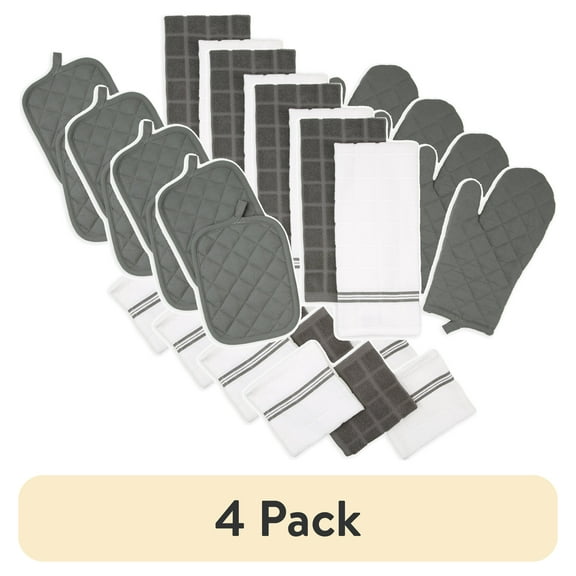(4 pack) Mainstays 8-Piece Cotton Kitchen Towel, Dishcloth, Oven Mitt, and Pot Holder Set, Gray