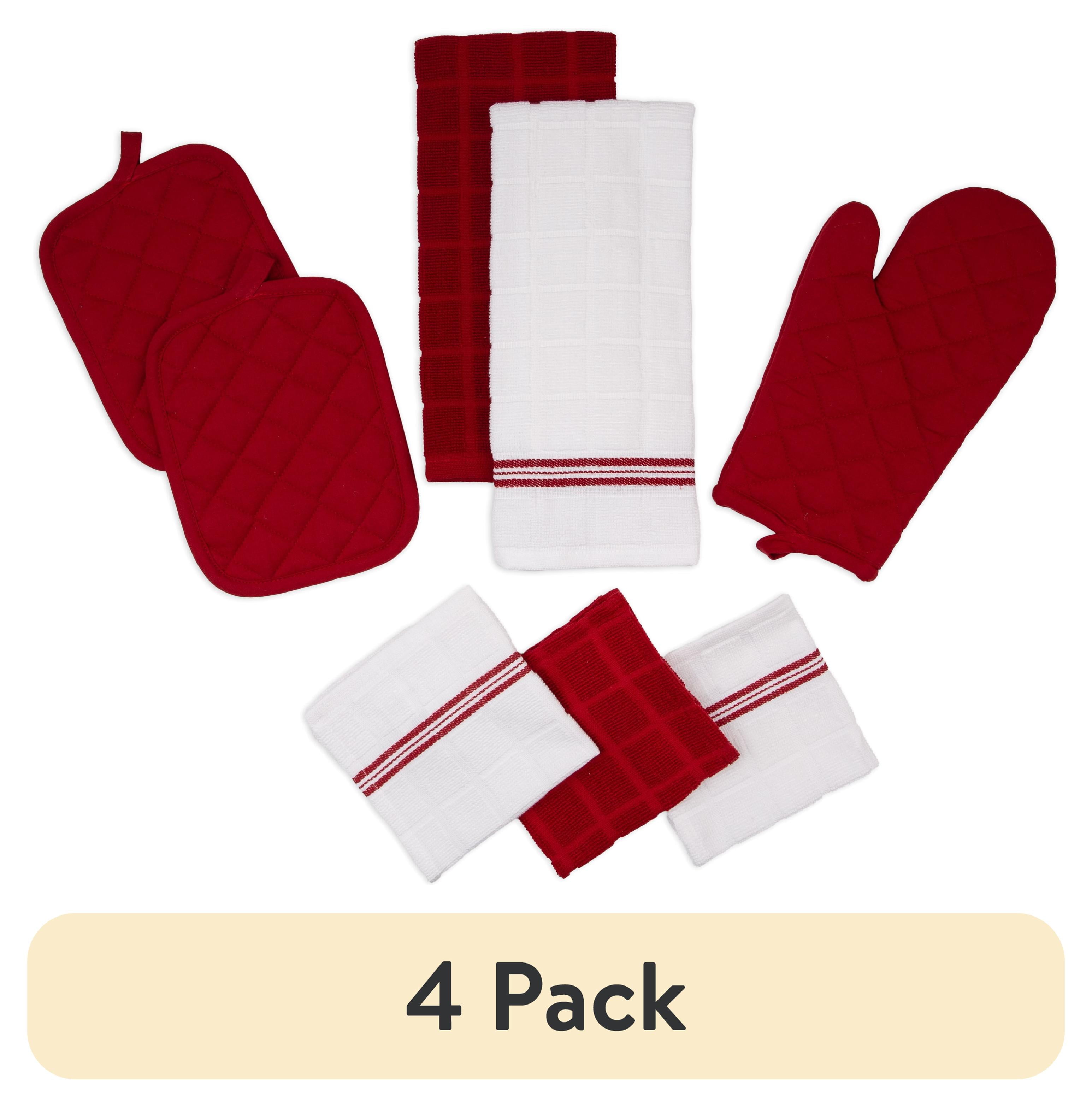 (4 pack) Mainstays Cotton Kitchen Towel, Dishcloth, Oven Mitt, and Pot Holder Set, Red, 8 Pieces