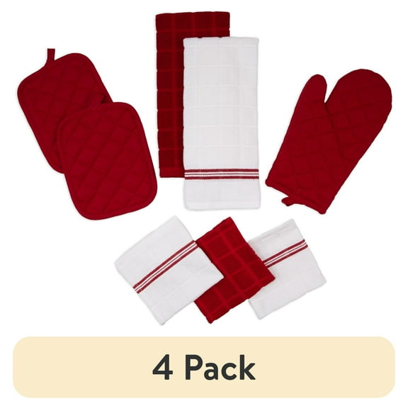 (4 pack) Mainstays Cotton Kitchen Towel, Dishcloth, Oven Mitt, and Pot Holder Set, Red, 8 Pieces
