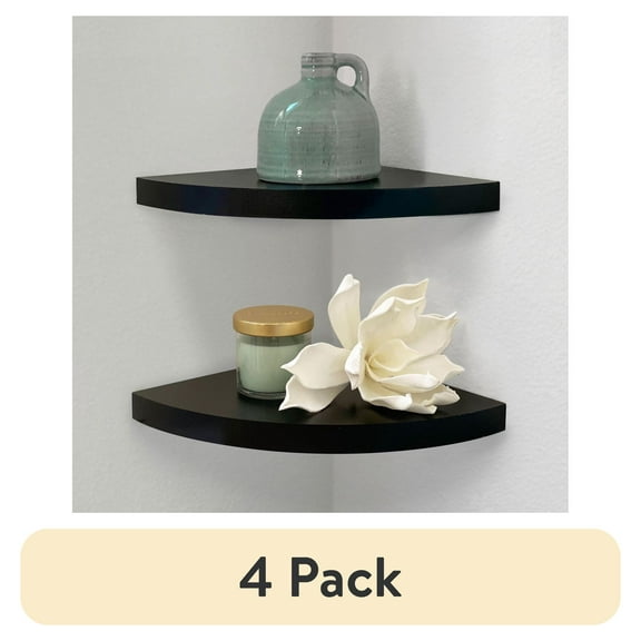 (4 pack) Mainstays 9.45" Wood Round Corner Floating Shelf, Set of 2, Black