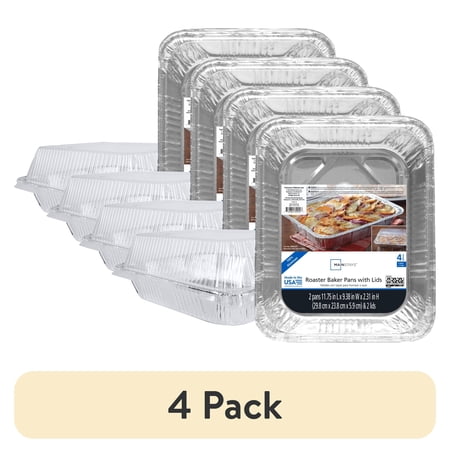 (4 pack) Mainstays 13.25 in x 10.75 in Disposable Aluminum Roasting Pans with Plastic Lid