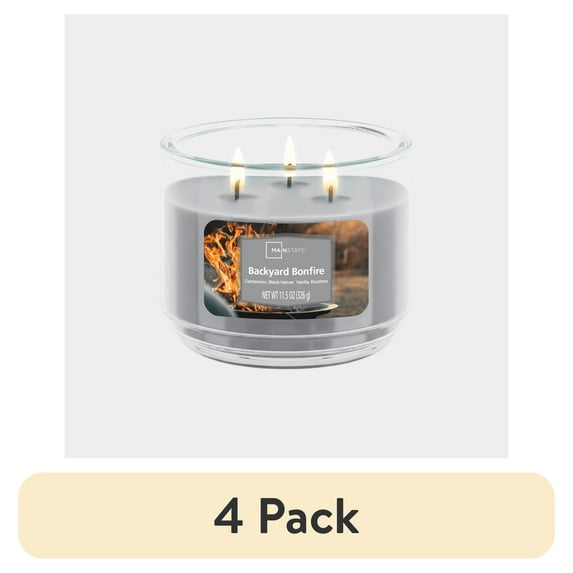 (4 pack) Mainstays 3-Wick Scented Glass Jar Candle, Backyard Bonfire, 11.5oz.