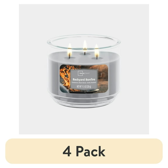 (4 pack) Mainstays 3-Wick Scented Glass Jar Candle, Backyard Bonfire, 11.5oz.