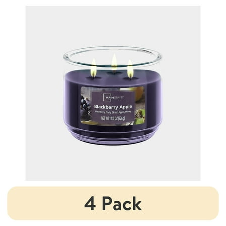 (4 pack) Mainstays 3-Wick Scented Glass Jar Candle, Blackberry Apple, 11.5oz.