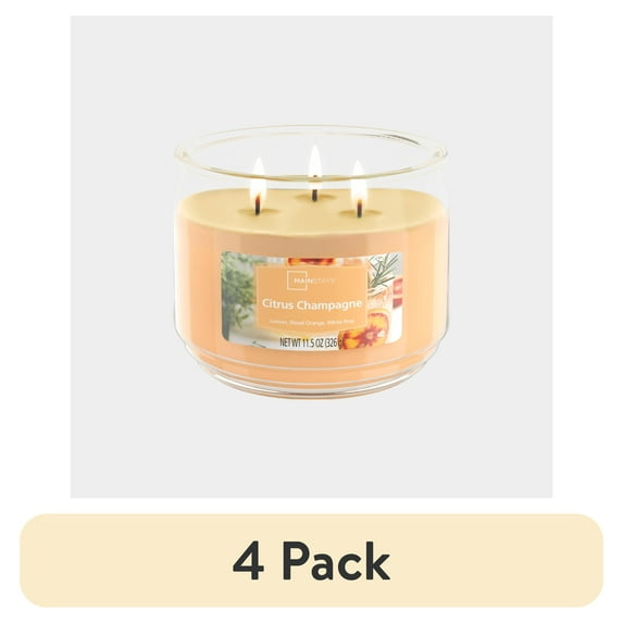 (4 pack) Mainstays 3-Wick Scented Glass Jar Candle, Citrus Champagne, 11.5oz.