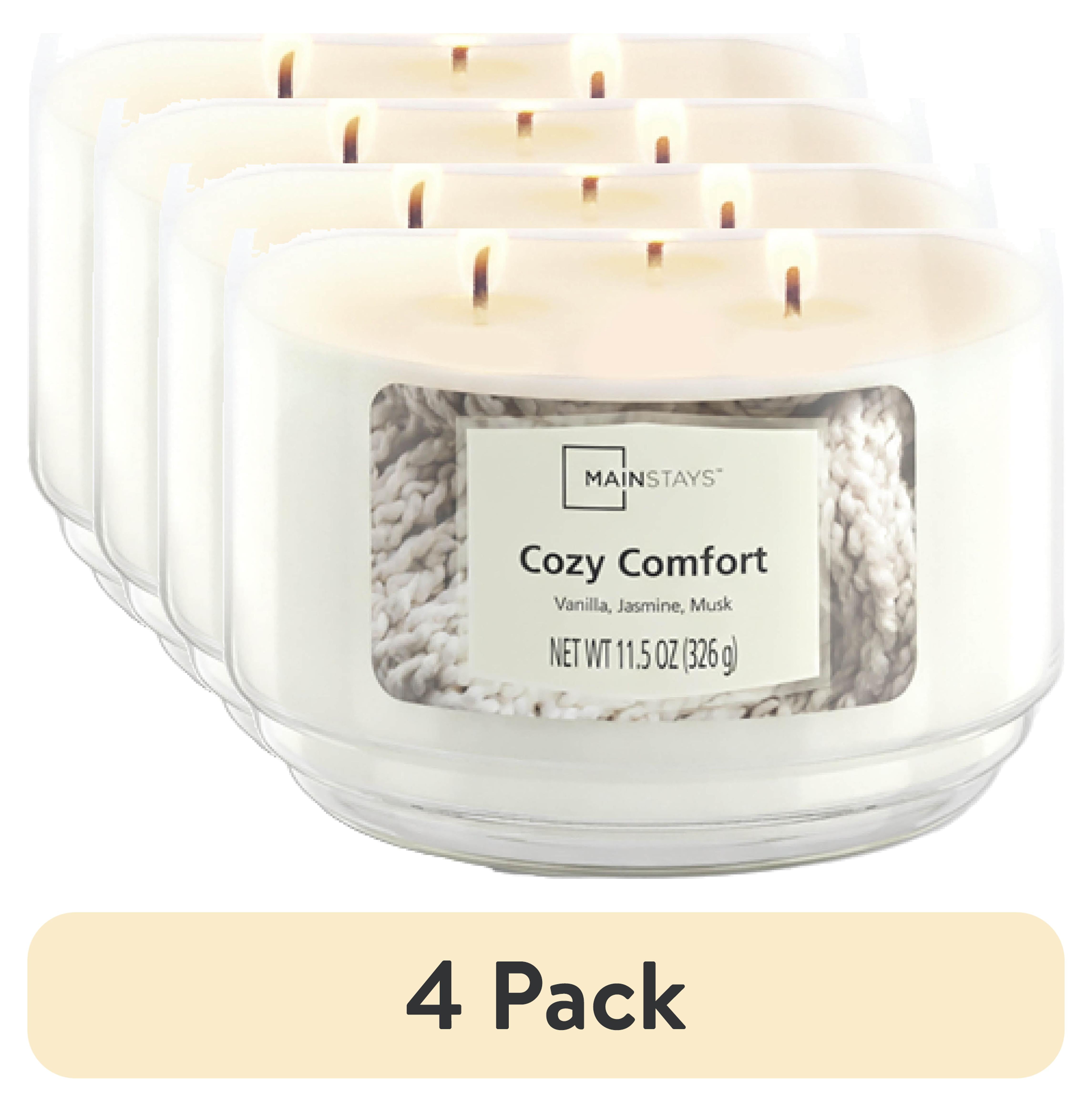 (4 pack) Mainstays Cozy Comfort Scented 3-Wick Glass Jar Candle, 11.5 oz