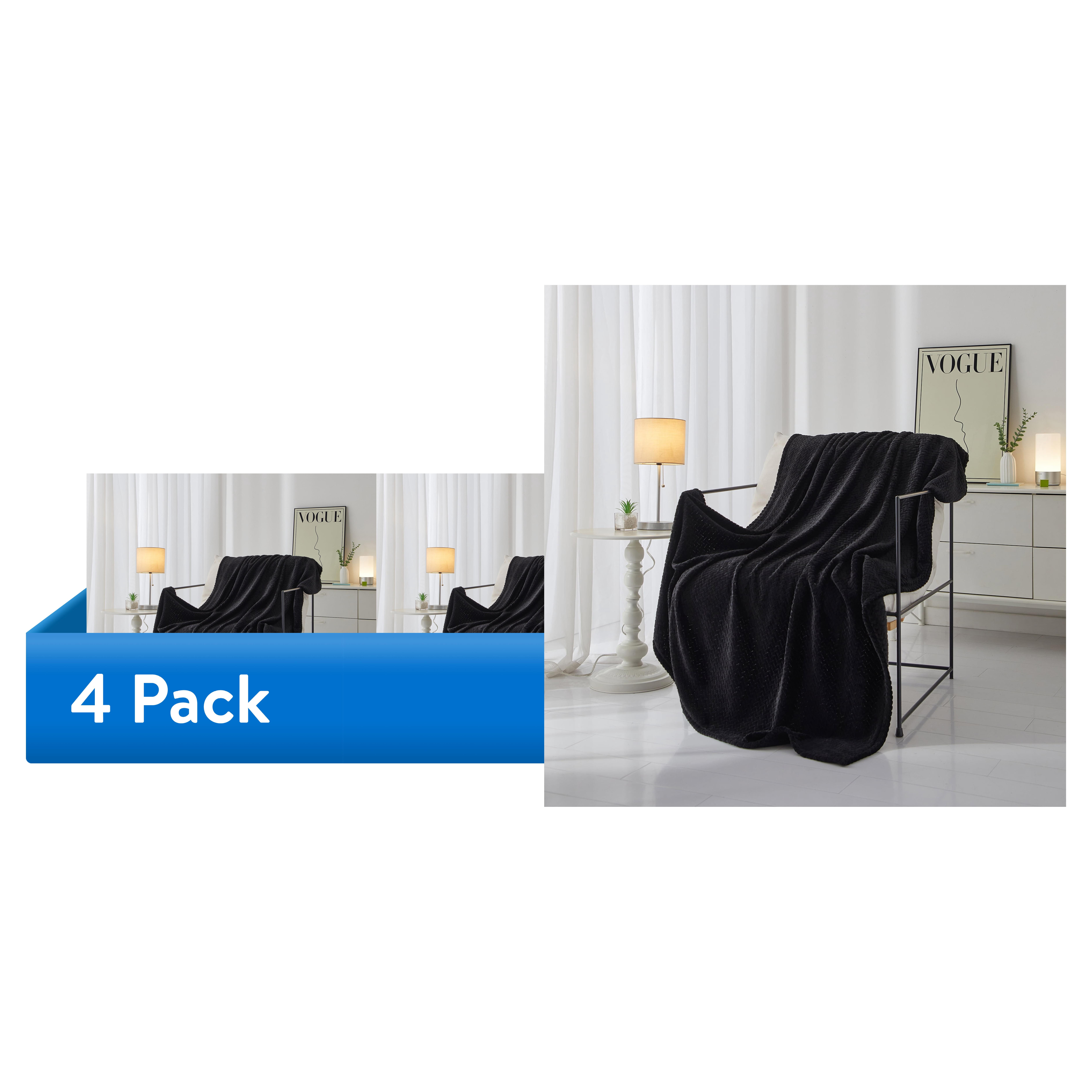 (4 pack) Mainstays Cozy Textured Plush Throw Blanket, Black, 50 x 60 in