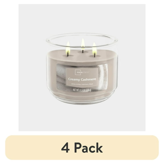 (4 pack) Mainstays 3-Wick Scented Glass Jar Candle, Creamy Cashmere, 11.5oz.