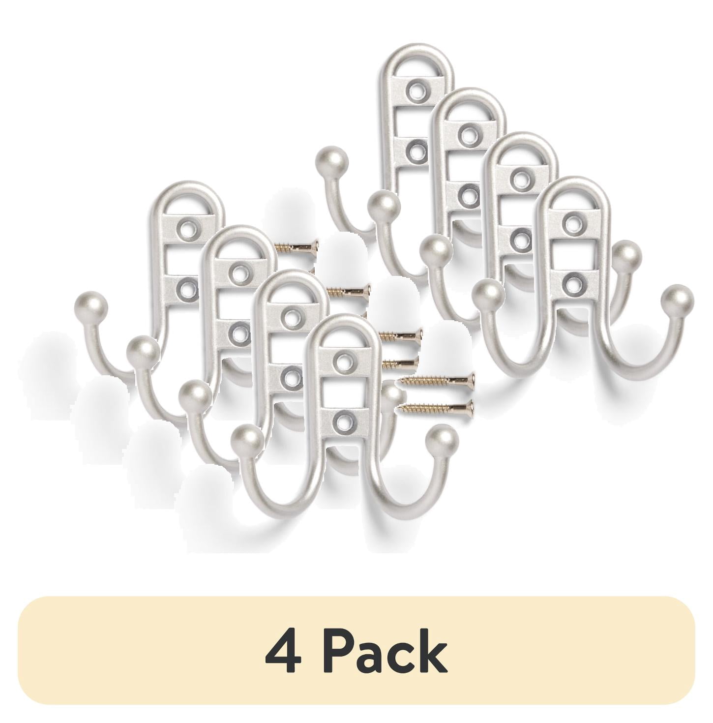 (4 pack) Mainstays, Double Hook Satin Nickel Metal Hooks, Clutter-Free Hooks for Hanging Towels and Coats, 10 lbs Capacity, 3 Pack