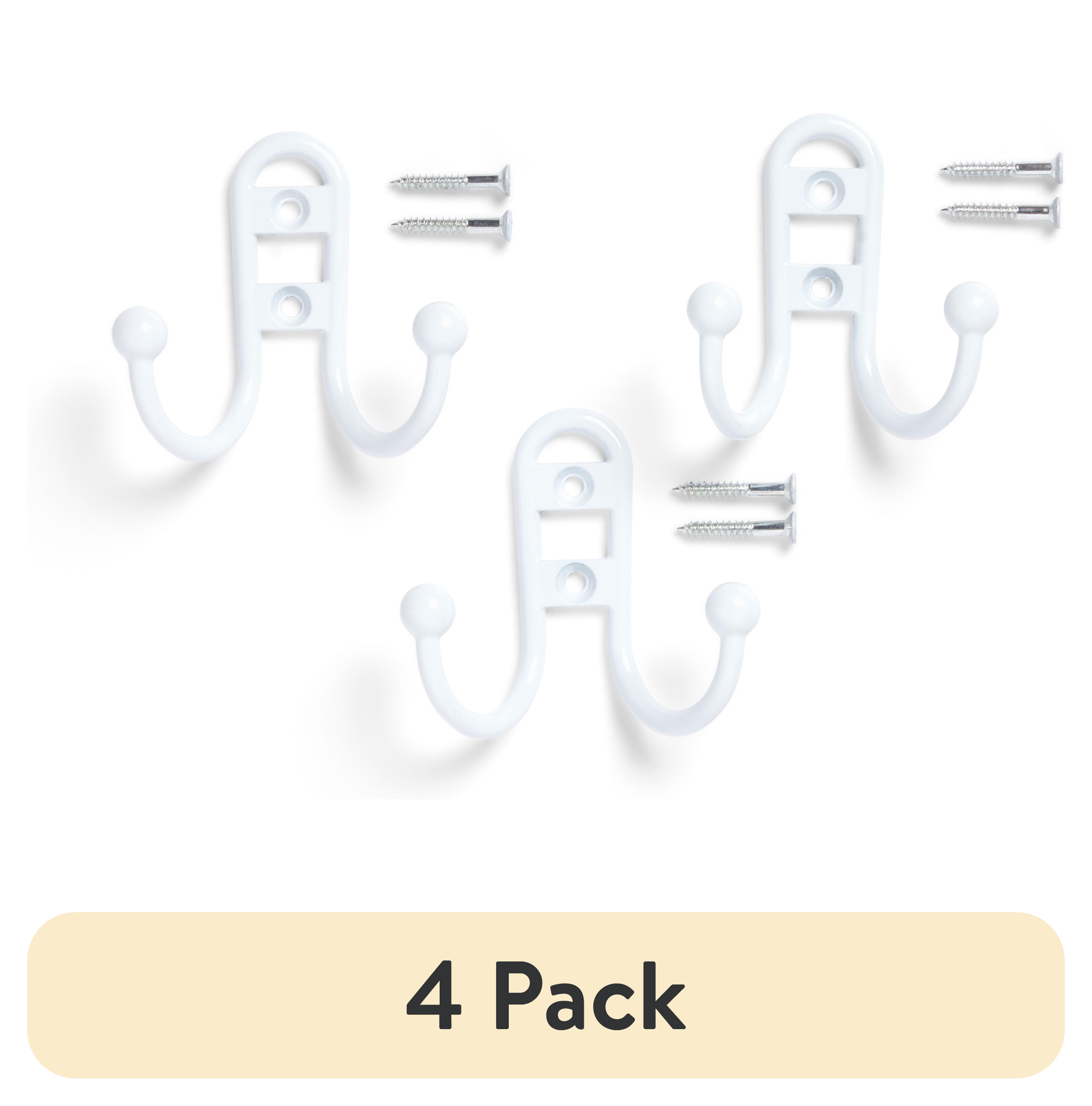 (4 pack) Mainstays, Double Hook White Metal Hooks, Clutter-Free Hooks for Hanging Towels and Coats, 10 lbs Capacity, 3 Pack