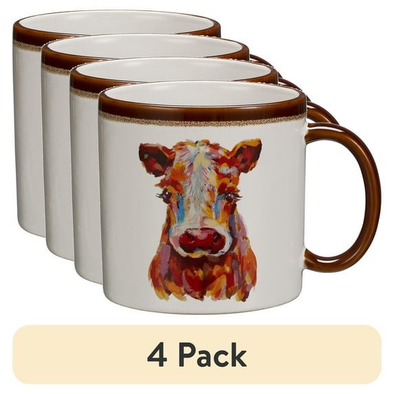 (4 pack) Mainstays Farm Cow Sculpted Stoneware Mug, 19.27 Ounces, White
